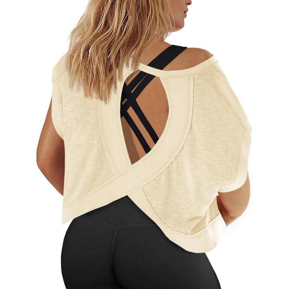 image:imageFisoew Womens Plus Size Open Back Workout Tops Backless Short Sleeve Athletic Shirt Running Crop Top Gym Yoga TShirtBeige