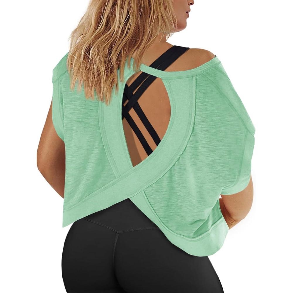 image:imageFisoew Womens Plus Size Open Back Workout Tops Backless Short Sleeve Athletic Shirt Running Crop Top Gym Yoga TShirtMint
