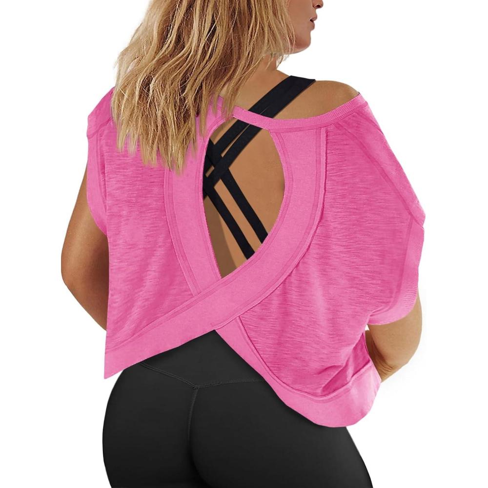 image:imageFisoew Womens Plus Size Open Back Workout Tops Backless Short Sleeve Athletic Shirt Running Crop Top Gym Yoga TShirtPink