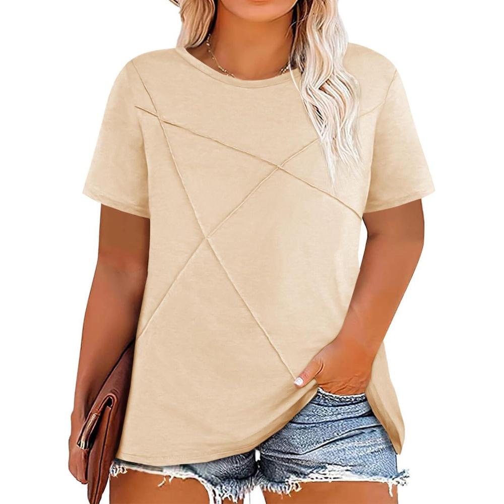 image:imageFisoew Womens Plus Size Short Sleeve T Shirts Summer Casual Loose Fit Tees Crew Neck Curvy Tunic TopsBeige