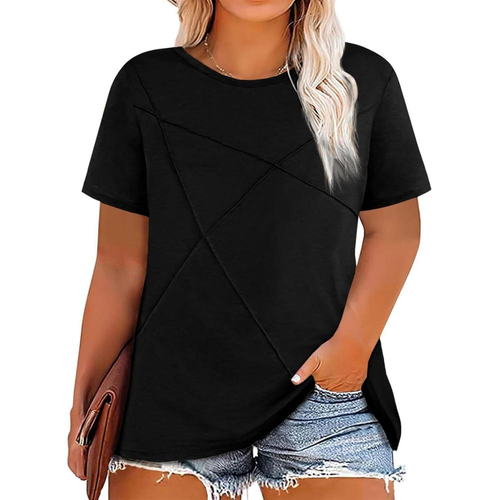image:imageFisoew Womens Plus Size Short Sleeve T Shirts Summer Casual Loose Fit Tees Crew Neck Curvy Tunic TopsBlack