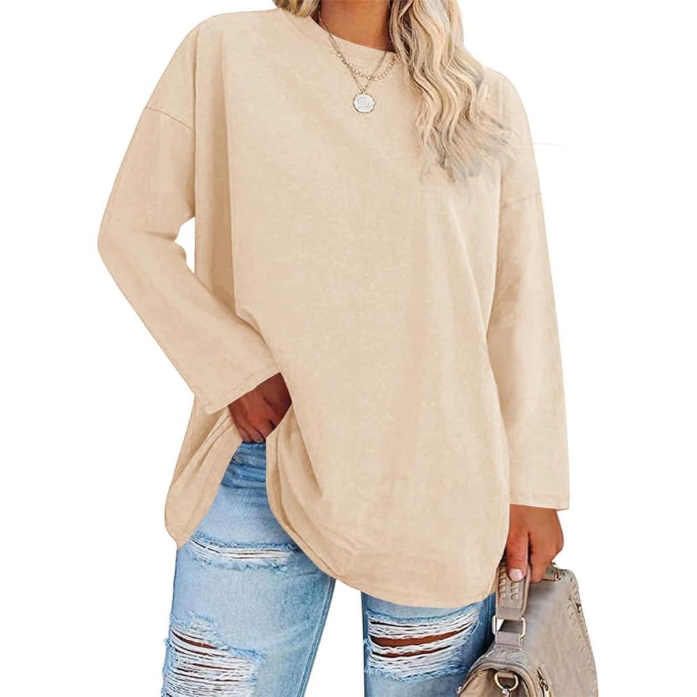 image:imageFisoew Womens Plus Size Tops Long Sleeve Crew Neck Oversized T Shirts Loose Casual TunicsBeige