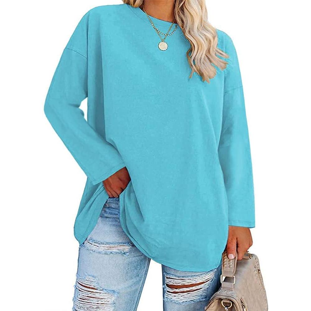 image:imageFisoew Womens Plus Size Tops Long Sleeve Crew Neck Oversized T Shirts Loose Casual TunicsLake Blue