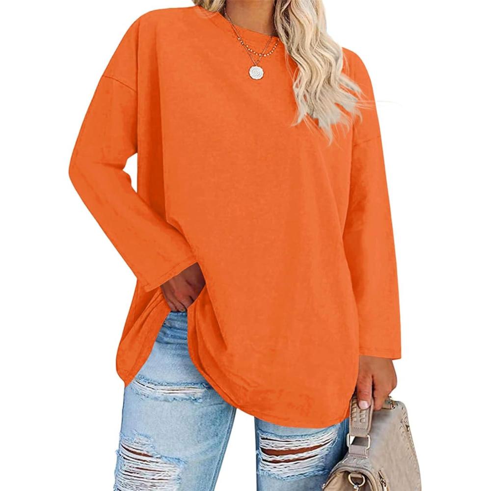 image:imageFisoew Womens Plus Size Tops Long Sleeve Crew Neck Oversized T Shirts Loose Casual TunicsOrange
