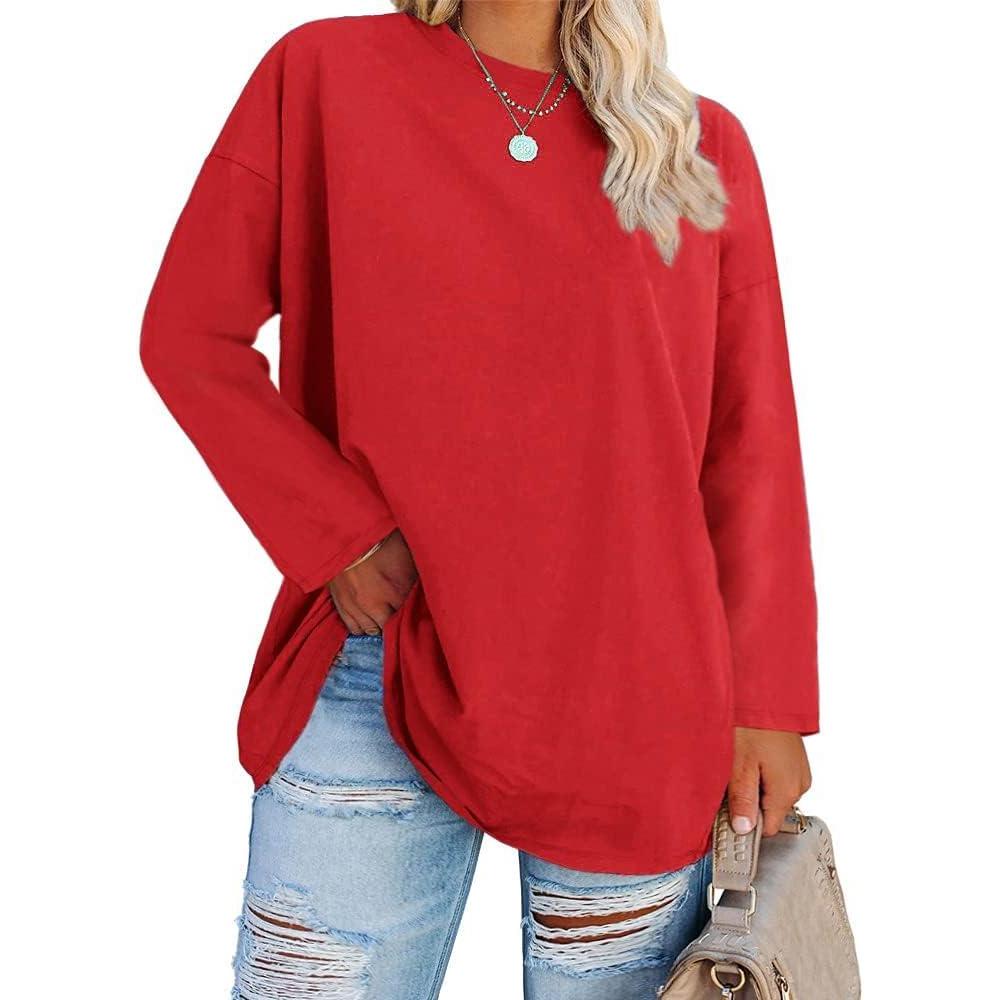image:imageFisoew Womens Plus Size Tops Long Sleeve Crew Neck Oversized T Shirts Loose Casual TunicsRed