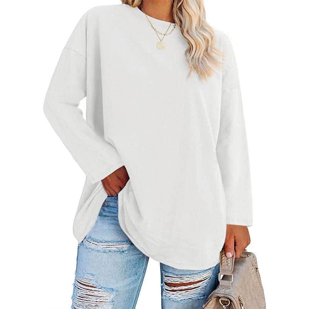 image:imageFisoew Womens Plus Size Tops Long Sleeve Crew Neck Oversized T Shirts Loose Casual TunicsWhite