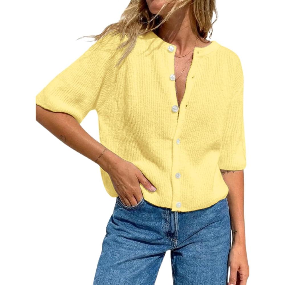 image:imageFisoew Womens Short Sleeve Cropped Cardigan Sweaters Button Down Lightweight Knit Blouse Tops Casual Summer ShirtYellow