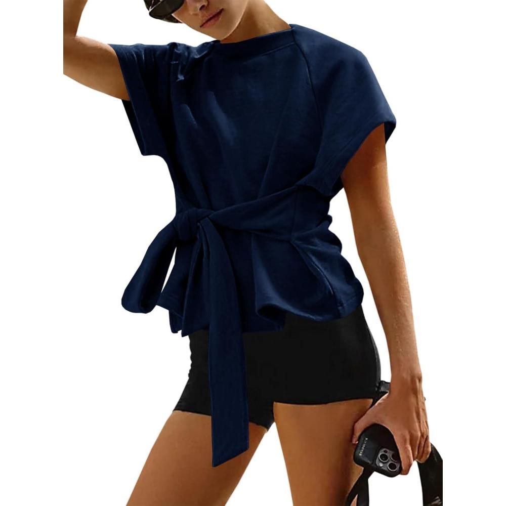 image:imageFisoew Womens Summer Short Sleeves Tee Tops Crewneck Sweatshirt Tie Front Casual 2026 Trendy Fashion T ShirtDark Blue
