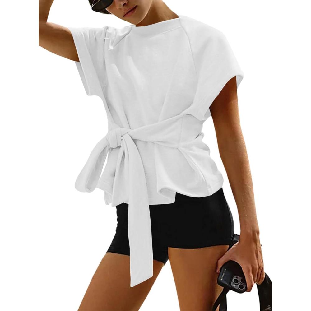 image:imageFisoew Womens Summer Short Sleeves Tee Tops Crewneck Sweatshirt Tie Front Casual 2026 Trendy Fashion T ShirtWhite