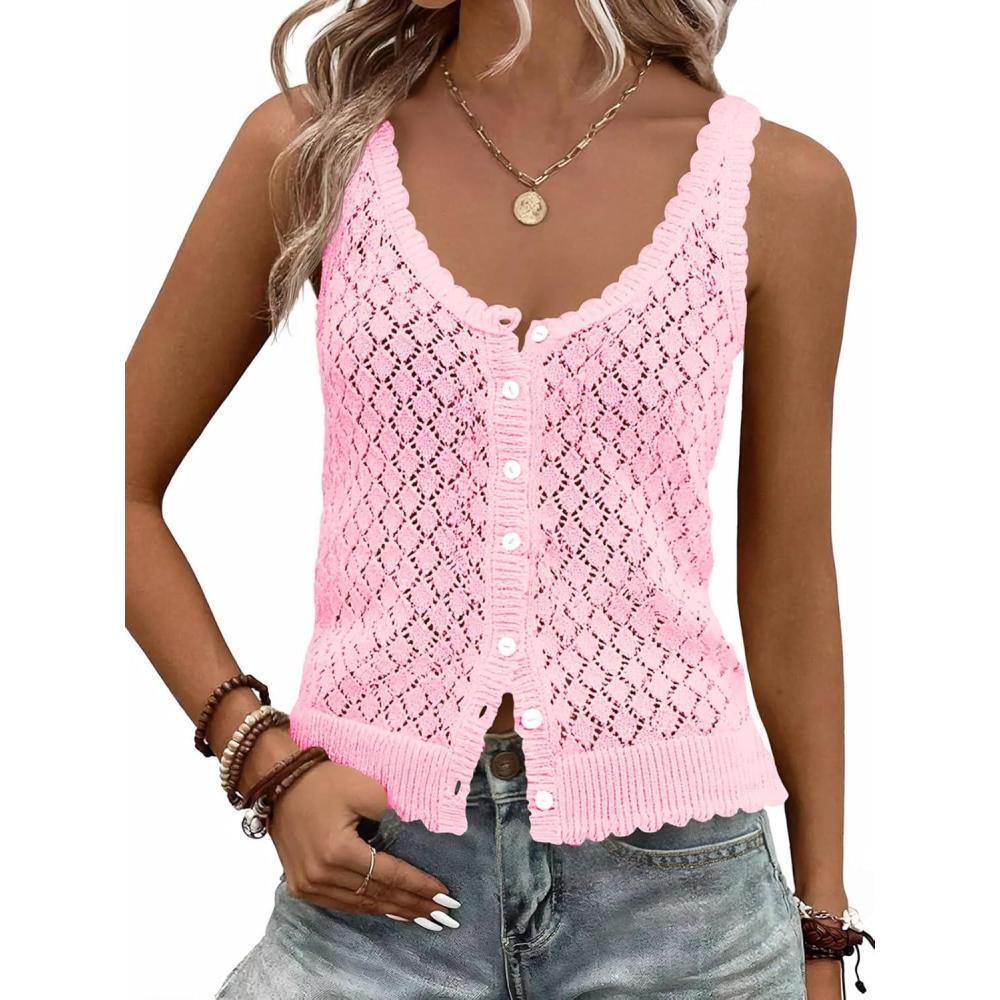 image:imageFisoew Womens Sweater Tank Tops Summer Sleeveless Crochet Cardigan Button Down Boho Knit Going Out Vest TopsPink