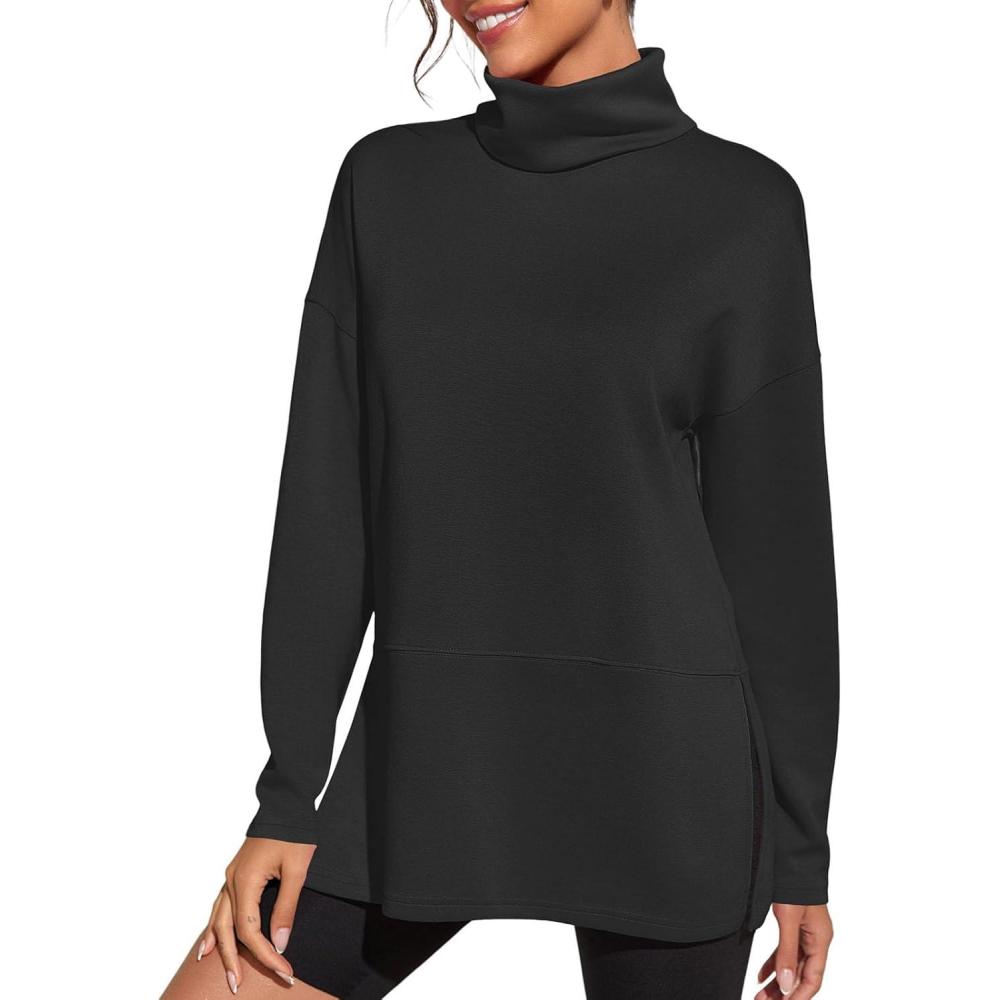 image:imageFisoew Womens Turtleneck Oversized Sweatshirt Casual Long Sleeve Loose Side Slit Pullovers Tunic TopsBlack