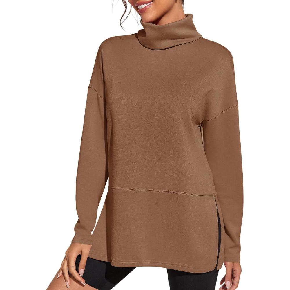 image:imageFisoew Womens Turtleneck Oversized Sweatshirt Casual Long Sleeve Loose Side Slit Pullovers Tunic TopsCoffee