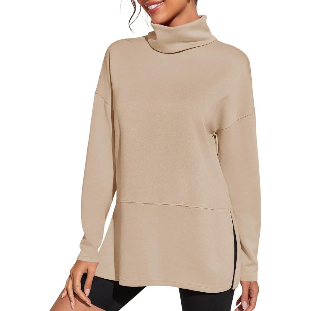 image:imageFisoew Womens Turtleneck Oversized Sweatshirt Casual Long Sleeve Loose Side Slit Pullovers Tunic TopsDark Khaki