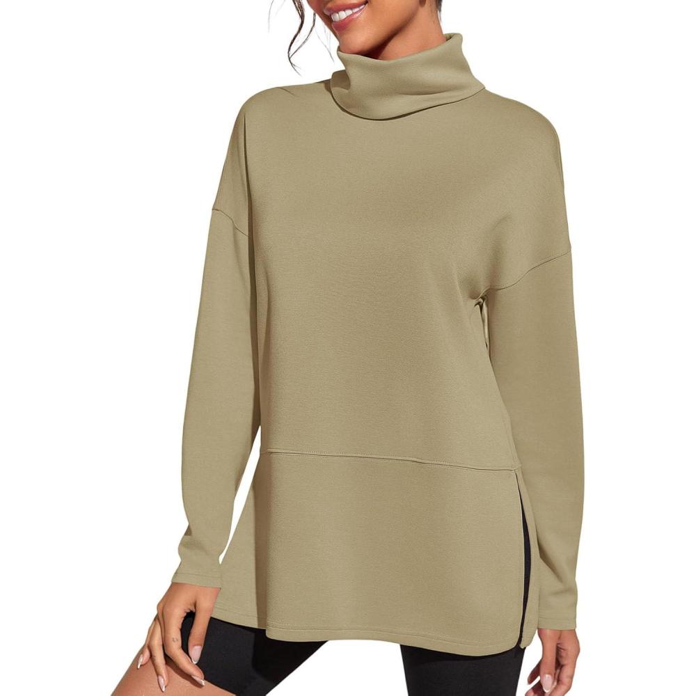 image:imageFisoew Womens Turtleneck Oversized Sweatshirt Casual Long Sleeve Loose Side Slit Pullovers Tunic TopsKhaki