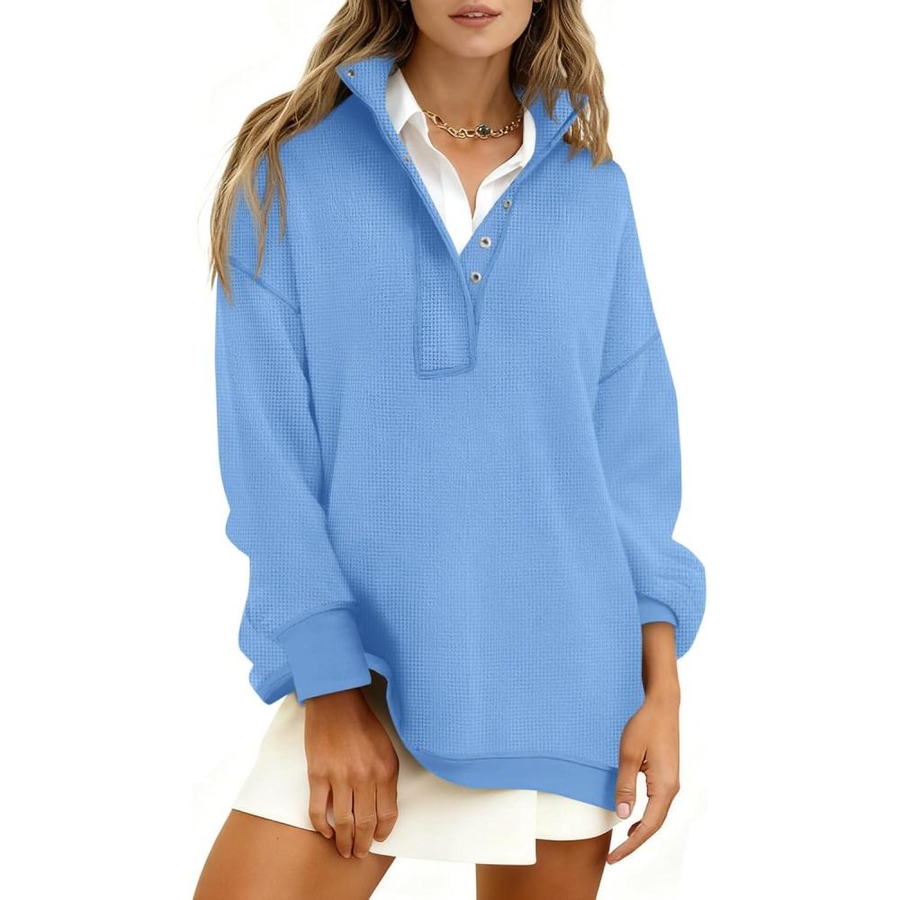 image:imageFisoew Womens Waffle Knit Oversized Sweatshirt Casual Snap Stand Collar Long Sleeve Pullover Tops Fall Travel OutfitsBlue