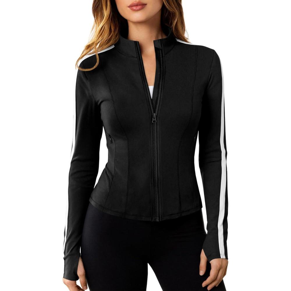 image:imageFisoew Womens Zip Up Workout Jackets Lightweight Contrast Colors Long Sleeve Gym Shirts Athletic Tops With Thumb HolesBlack
