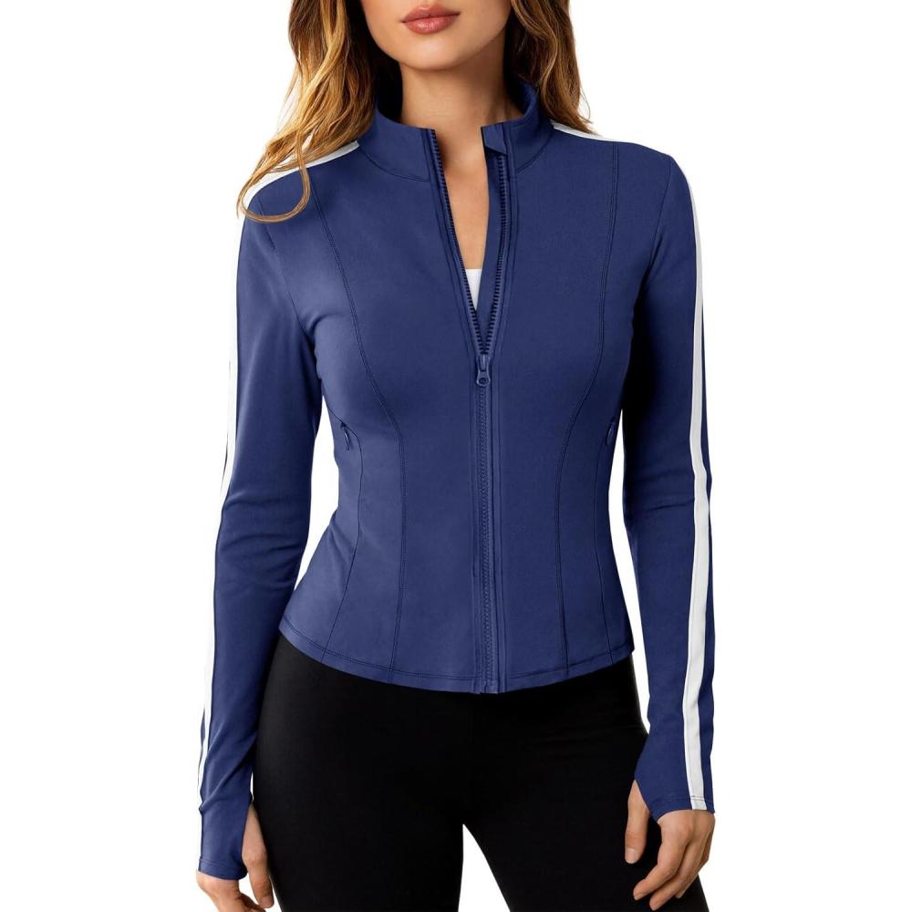 image:imageFisoew Womens Zip Up Workout Jackets Lightweight Contrast Colors Long Sleeve Gym Shirts Athletic Tops With Thumb HolesNavy