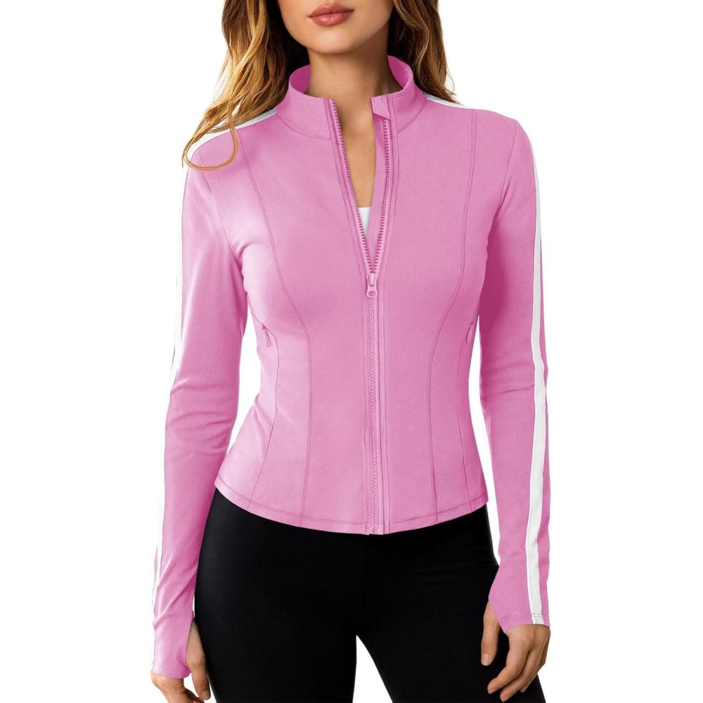 image:imageFisoew Womens Zip Up Workout Jackets Lightweight Contrast Colors Long Sleeve Gym Shirts Athletic Tops With Thumb HolesPink