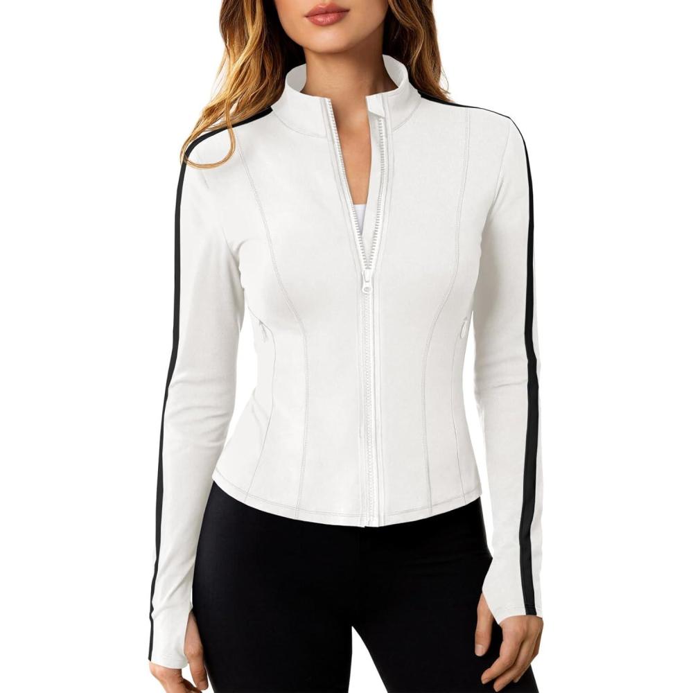 image:imageFisoew Womens Zip Up Workout Jackets Lightweight Contrast Colors Long Sleeve Gym Shirts Athletic Tops With Thumb HolesWhite