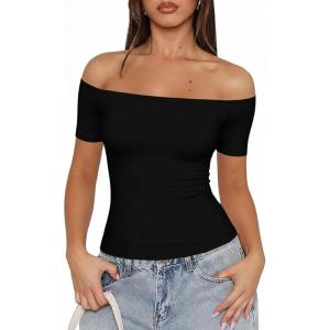 Fisoew Off The Shoulder Tops for Women – Going Out Summer Short Sleeve Shirts Cute Y2k Sexy 2026 Date Basic Outfits(Black)