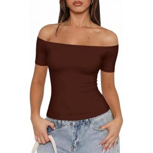 Fisoew Off The Shoulder Tops for Women – Going Out Summer Short Sleeve Shirts Cute Y2k Sexy 2026 Date Basic Outfits(Brown)