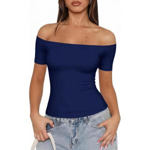 Fisoew Off The Shoulder Tops for Women – Going Out Summer Short Sleeve Shirts Cute Y2k Sexy 2026 Date Basic Outfits(Dark Blue)