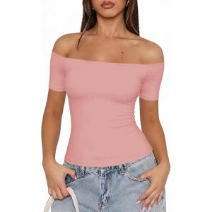 Fisoew Off The Shoulder Tops for Women – Going Out Summer Short Sleeve Shirts Cute Y2k Sexy 2026 Date Basic Outfits(Pink)