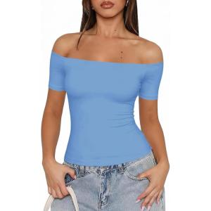 Fisoew Off The Shoulder Tops for Women – Going Out Summer Short Sleeve Shirts Cute Y2k Sexy 2026 Date Basic Outfits(Sky Blue)