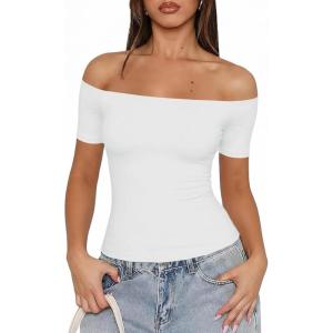 Fisoew Off The Shoulder Tops for Women – Going Out Summer Short Sleeve Shirts Cute Y2k Sexy 2026 Date Basic Outfits(White)