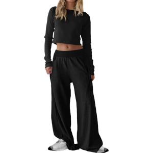 Fisoew Womens 2 Piece Lounge Sets Off The Shoulder Long Sleeve Crop Tops Wide Leg Pants Tracksuit Outfits with Pockets(Black)