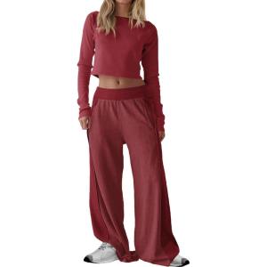 Fisoew Womens 2 Piece Lounge Sets Off The Shoulder Long Sleeve Crop Tops Wide Leg Pants Tracksuit Outfits with Pockets(Burgundy)