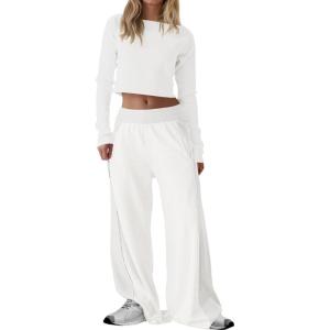Fisoew Womens 2 Piece Lounge Sets Off The Shoulder Long Sleeve Crop Tops Wide Leg Pants Tracksuit Outfits with Pockets(White)