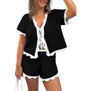 Fisoew Womens 2 Piece Swimsuit Crochet Cover Up Short Sleeve Tops Tie Front Shorts Sets Summer Beach Vacation Outfit(Black)
