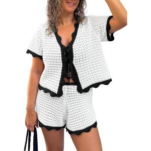Fisoew Womens 2 Piece Swimsuit Crochet Cover Up Short Sleeve Tops Tie Front Shorts Sets Summer Beach Vacation Outfit(White)