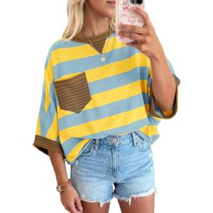 Fisoew Womens 2026 Summer Color Block Striped T-Shirts Oversized Short Sleeve Crewneck Y2K Tops Casual Loose Tees(Yellow)