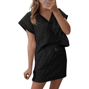 Fisoew Womens Argyle 2 Piece Outfits Skirt Sets Short Sleeve V Neck Tops and Casual Mini Skirts Lounge Sets(Black)