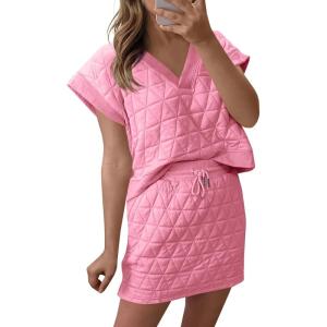 Fisoew Womens Argyle 2 Piece Outfits Skirt Sets Short Sleeve V Neck Tops and Casual Mini Skirts Lounge Sets(Pink)
