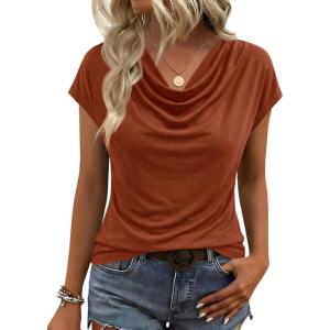 Fisoew Womens Business Casual Dressy Cowl Neck Tops 2026 Summer Short Sleeve Shirts Work Office Tees Spring Blouses(Brown)