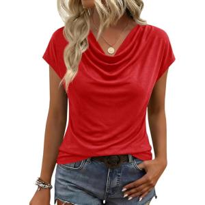 Fisoew Womens Business Casual Dressy Cowl Neck Tops 2026 Summer Short Sleeve Shirts Work Office Tees Spring Blouses(Red)