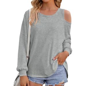 Fisoew Womens Cold Shoulder Tops Casual Long Sleeve Crewneck Basic Loose Fall Fashion T Shirts(Grey)