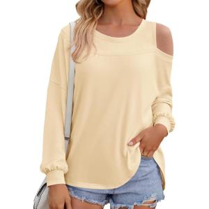 Fisoew Womens Cold Shoulder Tops Casual Long Sleeve Crewneck Basic Loose Fall Fashion T Shirts(Khaki)