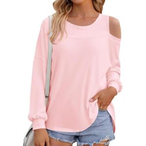 Fisoew Womens Cold Shoulder Tops Casual Long Sleeve Crewneck Basic Loose Fall Fashion T Shirts(Pink)