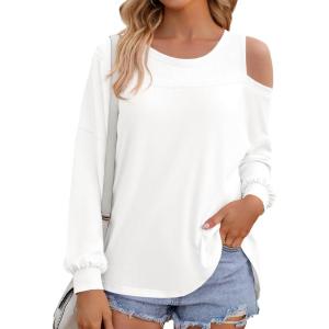 Fisoew Womens Cold Shoulder Tops Casual Long Sleeve Crewneck Basic Loose Fall Fashion T Shirts(White)