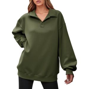 Fisoew Women’s Collared V Neck Sweatshirt Casual Oversized Long Sleeve Fashion Pullover Tops(Army Green)