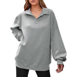 Fisoew Women’s Collared V Neck Sweatshirt Casual Oversized Long Sleeve Fashion Pullover Tops(Light Grey)