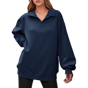 Fisoew Women’s Collared V Neck Sweatshirt Casual Oversized Long Sleeve Fashion Pullover Tops(Navy)