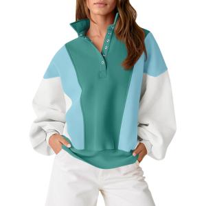 Fisoew Womens Color Block Sweatshirt Casual Long Sleeve Henley Neck Button Loose Pullover Tops(Green)