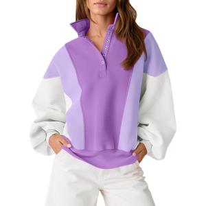 Fisoew Womens Color Block Sweatshirt Casual Long Sleeve Henley Neck Button Loose Pullover Tops(Violet)