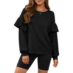 Fisoew Womens Crewneck Sweatshirts Fall Casual Ruffle Long Sleeve Roll Hem Loose Cropped Pullover Tops(Black)