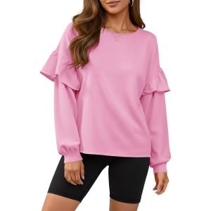 Fisoew Womens Crewneck Sweatshirts Fall Casual Ruffle Long Sleeve Roll Hem Loose Cropped Pullover Tops(Pink)